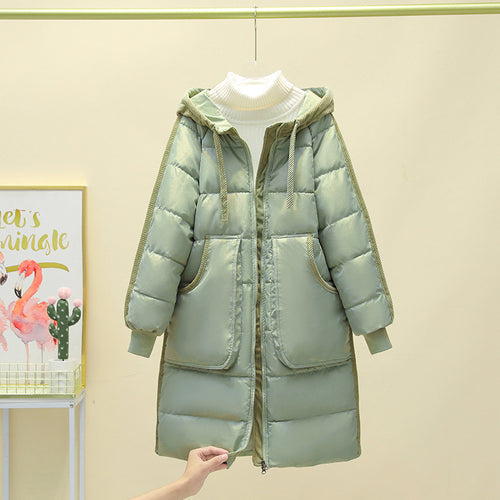 Damen Langer isolierter Pufferparka mit abnehmbarer Kapuze und großen Taschen R&B