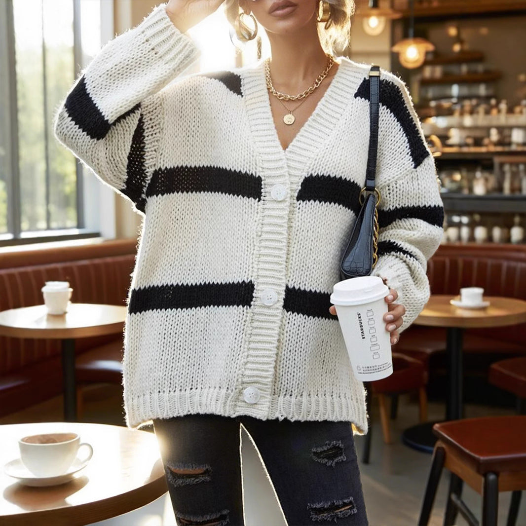 Damen Grobstrickjacke mit modischen Streifen R&B