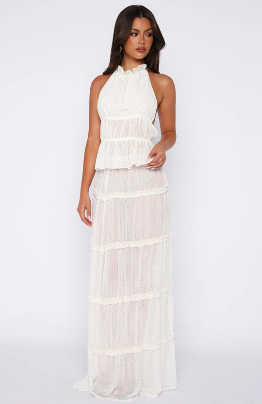 Damen Langärmliges Maxikleid mit elegantem Rüschen-Design und transparentem Stoff R&B