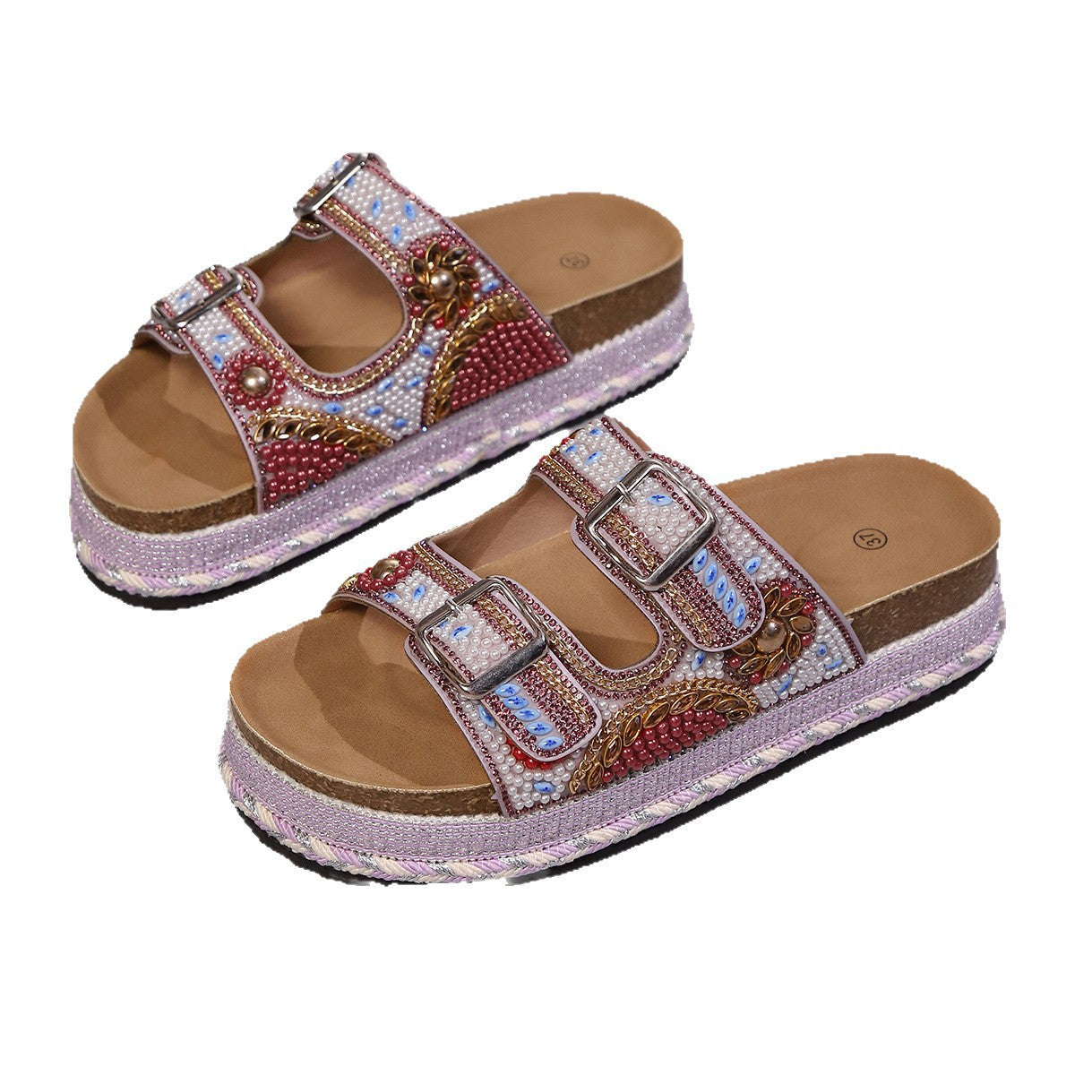 Damen Bequeme und modische Platform-Sandalen mit verstellbaren Riemen und bunten Applikationen