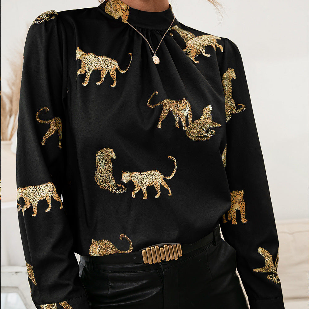 Damen Bluse mit glamourösem Tierdruck und eleganter Stehkragenform R&B