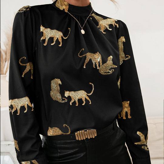 Damen Bluse mit glamourösem Tierdruck und eleganter Stehkragenform R&B