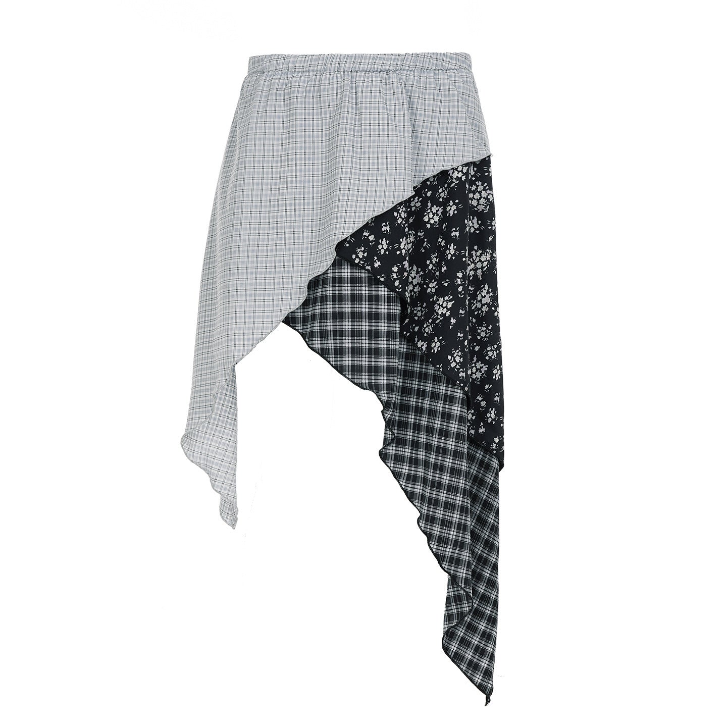 Damen asymmetrischer Rock mit floralen und karierten Mustern R&B
