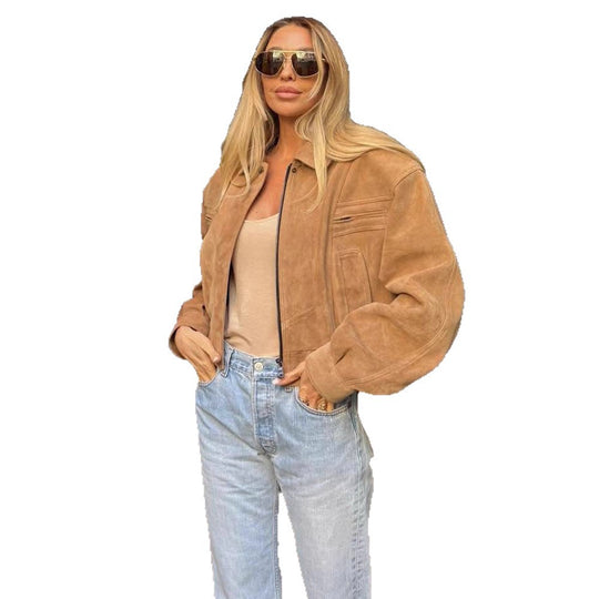 Damen cropped Wildlederjacke mit breiten Ärmeln und praktischen Taschen R&B