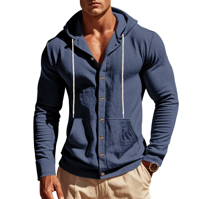 Herren nan leichte Kapuzen-Strickjacke mit durchgehender Knopfleiste schmaler Schnitt und Kängurutasche R&B