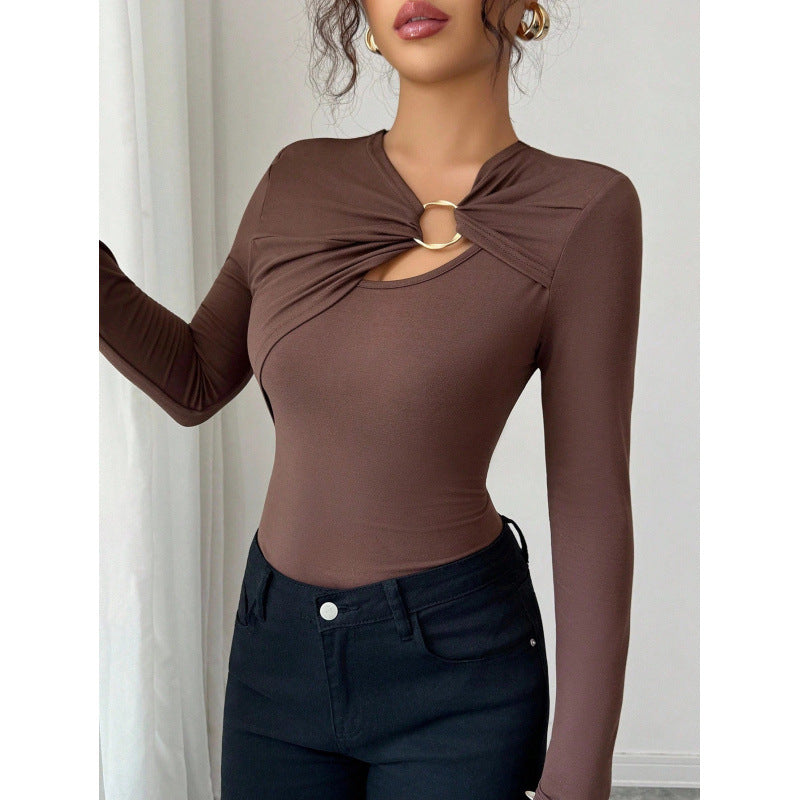 Damen Bodysuit mit dekorativem Ring-Detail und langem Arm R&B