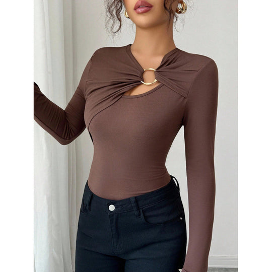 Damen Bodysuit mit dekorativem Ring-Detail und langem Arm R&B