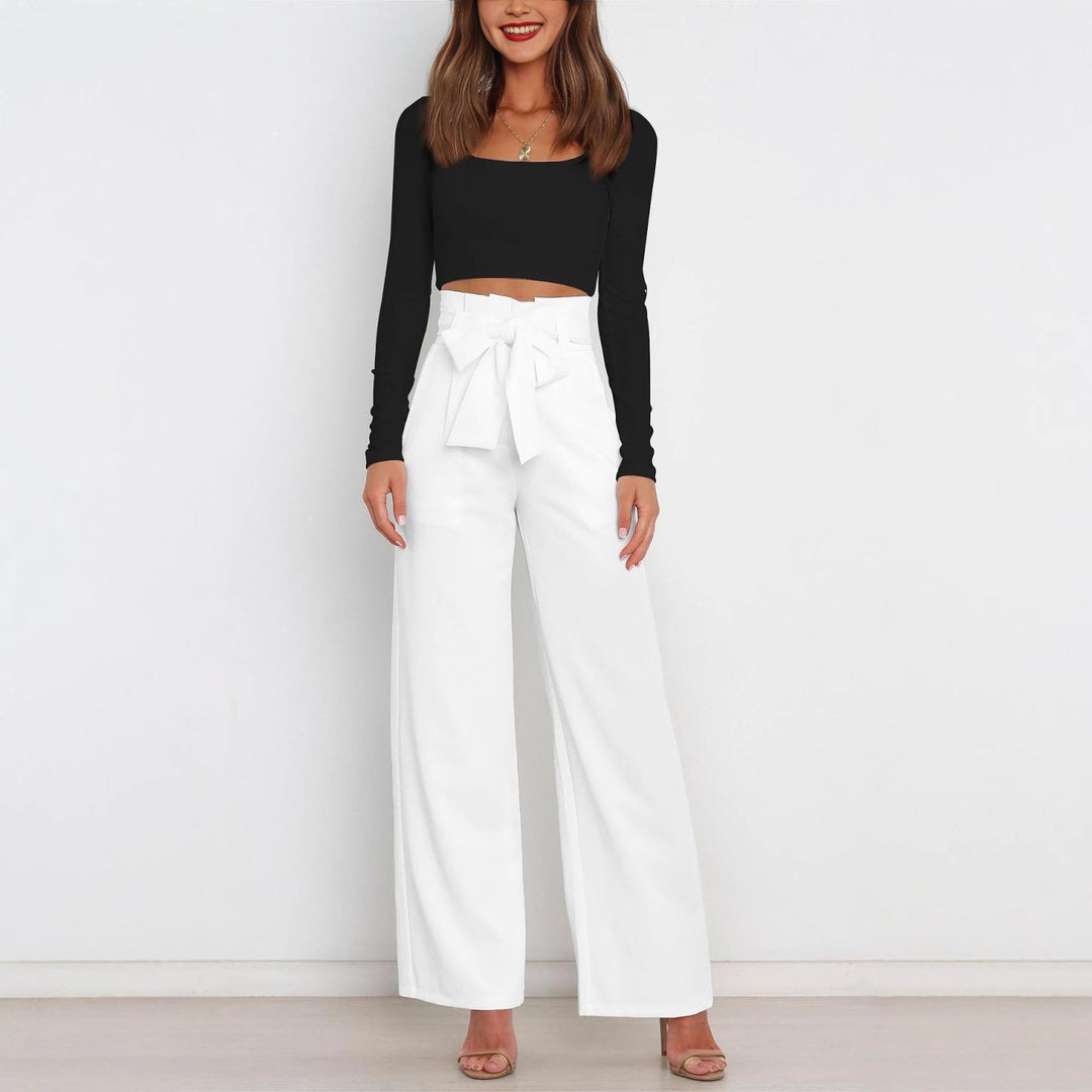 Damen Weit geschnittene High-Waist-Hose mit Binde-Gürtel und Taschen R&B