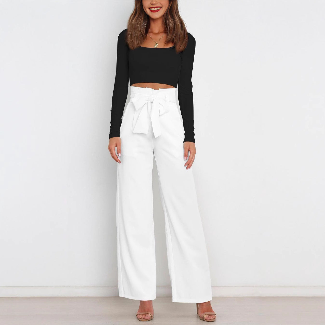 Damen Weit geschnittene High-Waist-Hose mit Binde-Gürtel und Taschen R&B
