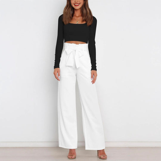 Damen Weit geschnittene High-Waist-Hose mit Binde-Gürtel und Taschen R&B