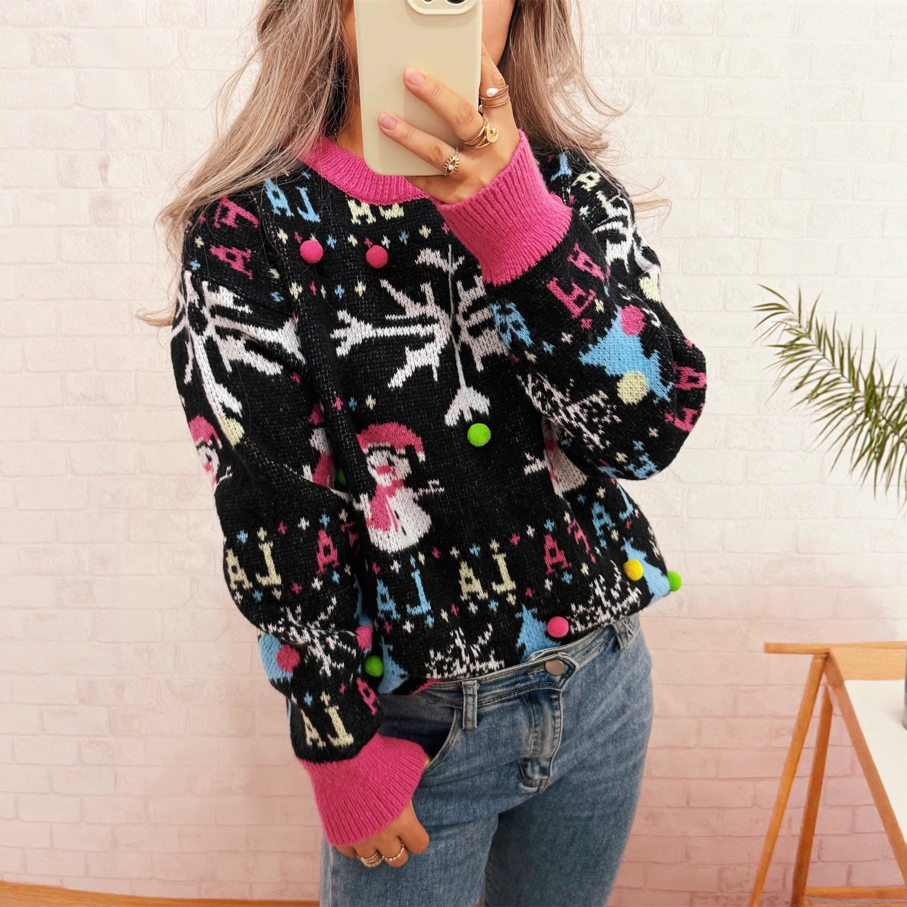 Damen festlicher Pullover mit farbenfrohen Weihnachtsmotiven und verspielten Details R&B