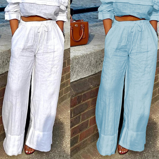 Damen Weite Leinenhose mit elastischem Bund und praktischen Eingrifftaschen R&B