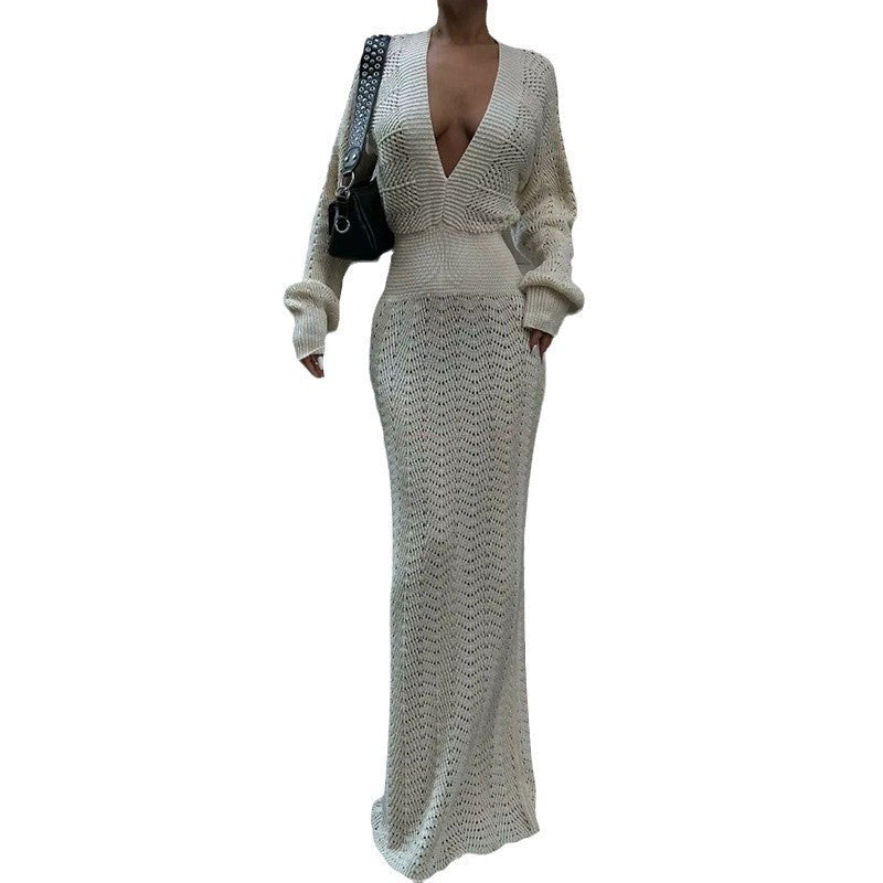 Damen elegantes gehäkeltes Maxikleid mit tiefem V-Ausschnitt R&B