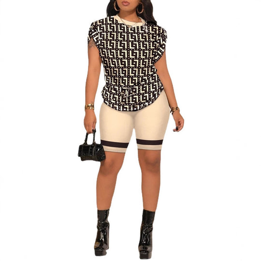Damen Modisches Oberteil mit einzigartigem geometrischem Muster und lässigen Radlerhosen R&B