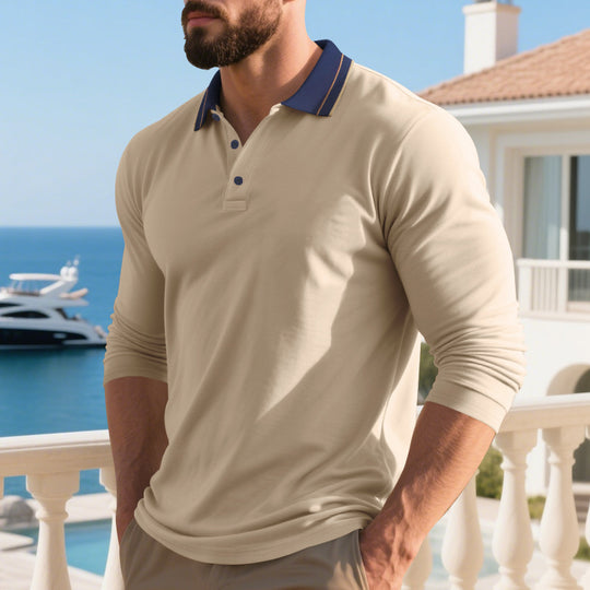 Herren Langarm-Polohemd mit modernem Kragen und atmungsaktiven Eigenschaften R&B