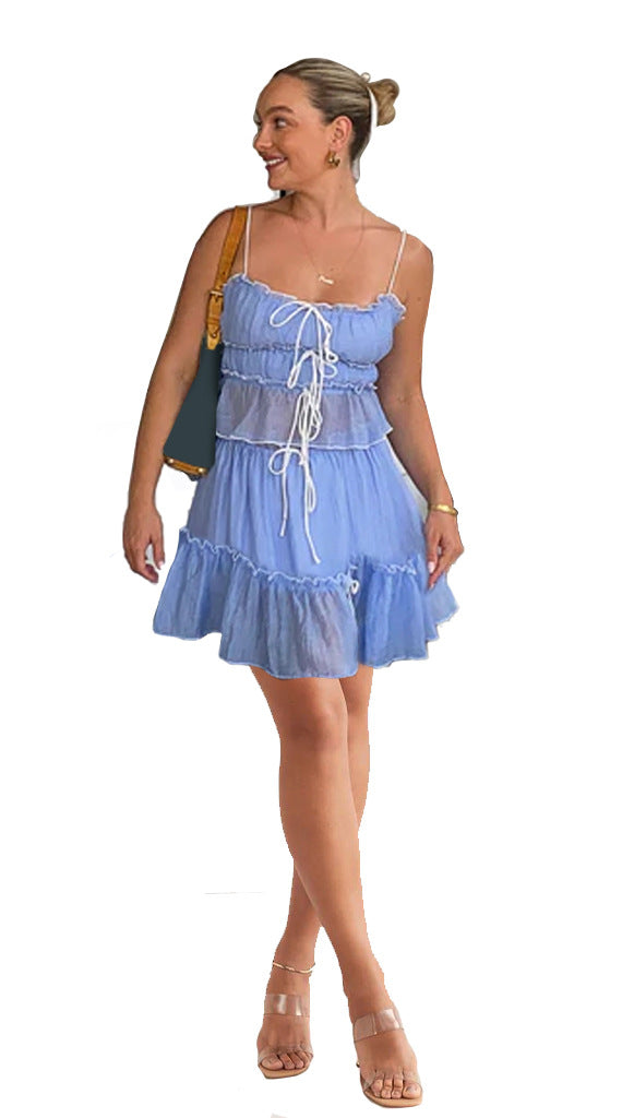 Damen luftiges Wickelkleid mit Rüschendetails und Kontrastbändern R&B