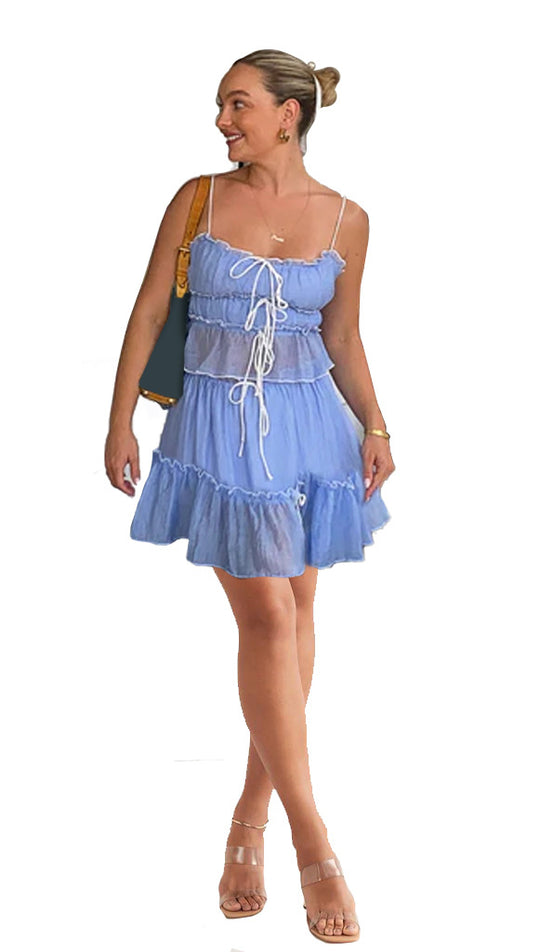 Damen luftiges Wickelkleid mit Rüschendetails und Kontrastbändern R&B