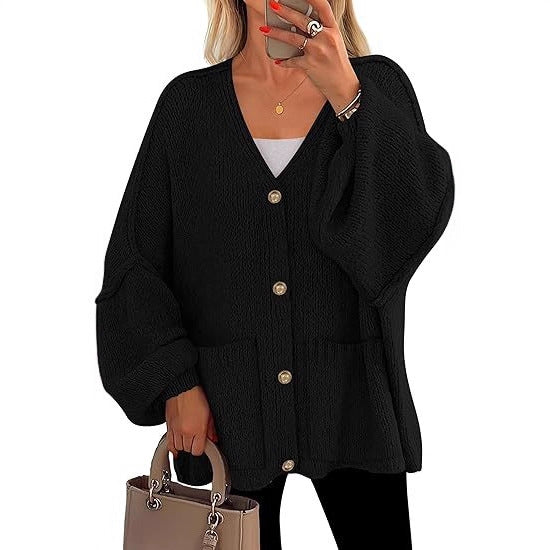 Damen Oversized Strickjacke mit Knöpfen und großen Taschen R&B