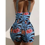 Damen Einteiliger Badeanzug mit tiefem V-Ausschnitt und modischem floralem Design R&B