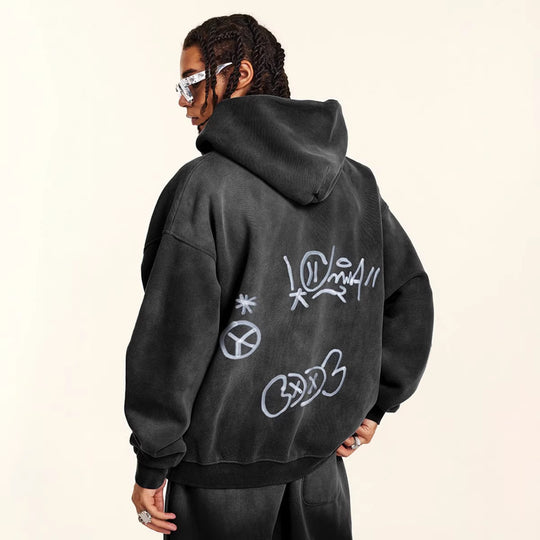 Unisex nan oversized Kapuzenjacke mit durchgehendem Reißverschluss, gebürstetem Fleecefutter und handähnlichem Sprayprint R&B