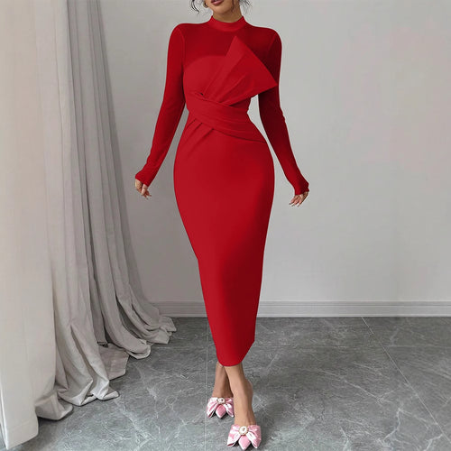 Damen Elegantes Langarm-Midi-Kleid mit raffinierter Drapierung und figurbetonter Silhouette R&B