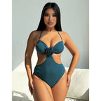 Damen Einteiliger Cut-Out Badeanzug mit floralem Design und glamourösen Akzenten R&B