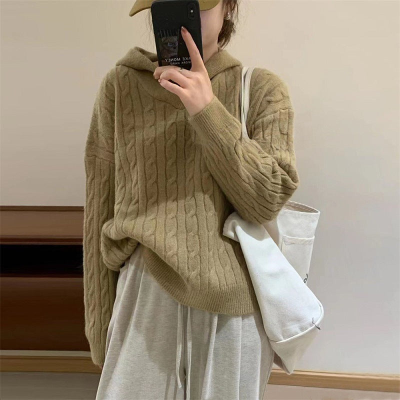Damen Kuscheliger Strickpullover mit Kapuze und Kabelmuster R&B