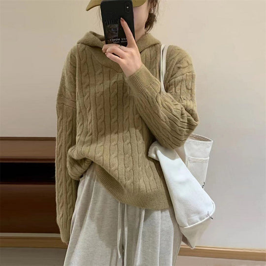 Damen Kuscheliger Strickpullover mit Kapuze und Kabelmuster R&B