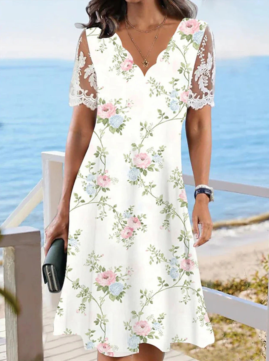 Damen nan A-Linien-Midikleid mit wellenförmigem V-Ausschnitt, ganzflächigem Blumenmuster und transparenten Spitzenärmeln R&B