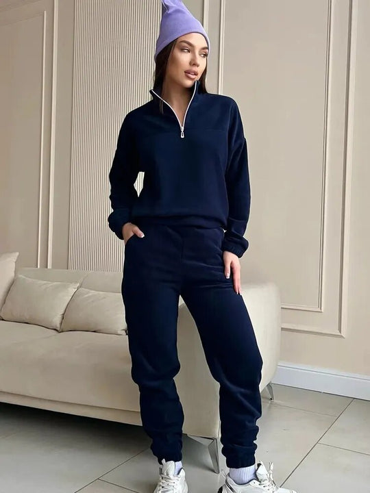 Damen Kuscheliges Fleece-Loungewear-Set mit Halb-Reißverschluss und elastischem Bund R&B