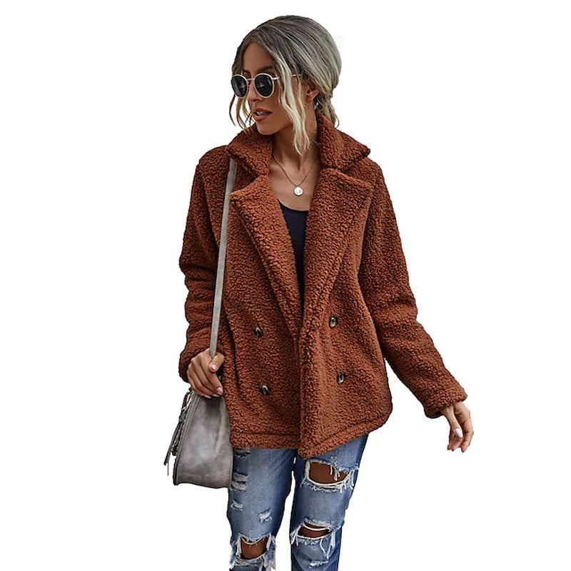 Damen Flauschiger Doppelreiher Blazer aus Kunstfell R&B