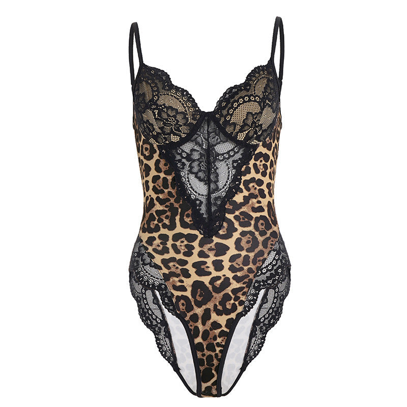 Damen-Spitzen-Bodysuit mit animalischem Muster und sexy Cut-Outs R&B