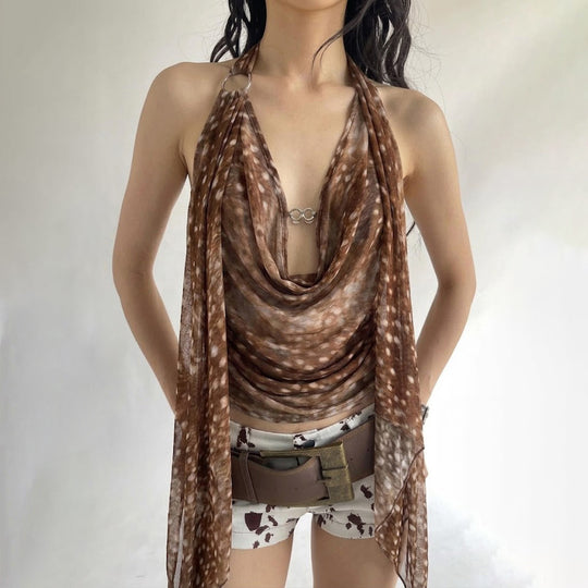 Damen modisches Wickeloberteil mit transparentem Design und langen Bändern R&B