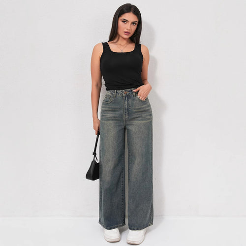 Damen Weite Jeans mit hohem Bund und eleganter Beinform R&B