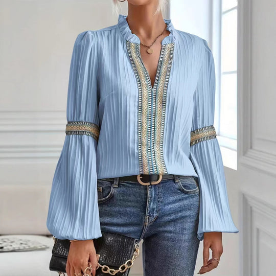 Damen elegante plissierte Bluse mit verzierten Besätzen R&B