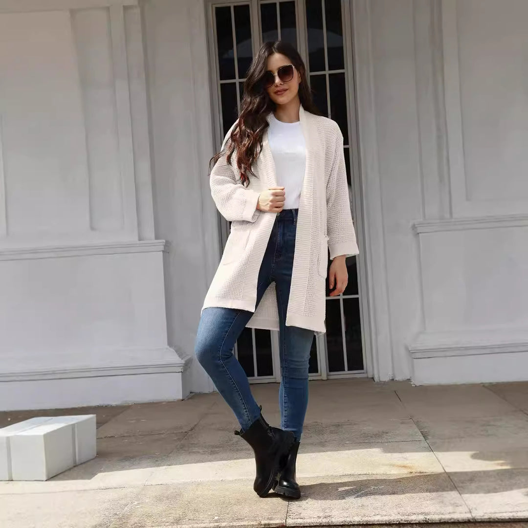 Damen lässiger Strickcardigan mit offenen Taschen und modernem Waffelmuster R&B