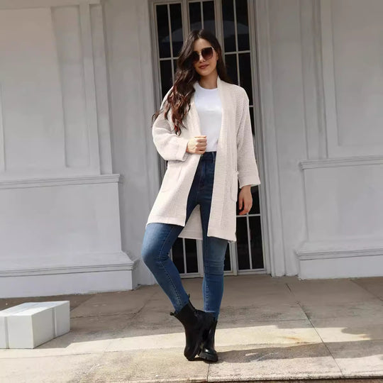 Damen lässiger Strickcardigan mit offenen Taschen und modernem Waffelmuster R&B