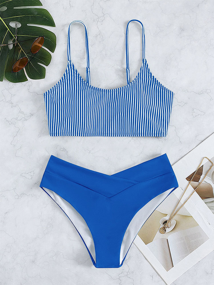 Damen Triangel-Bikini-Set mit modischem gestreiftem Oberteil und hochgeschnittenem Höschen R&B