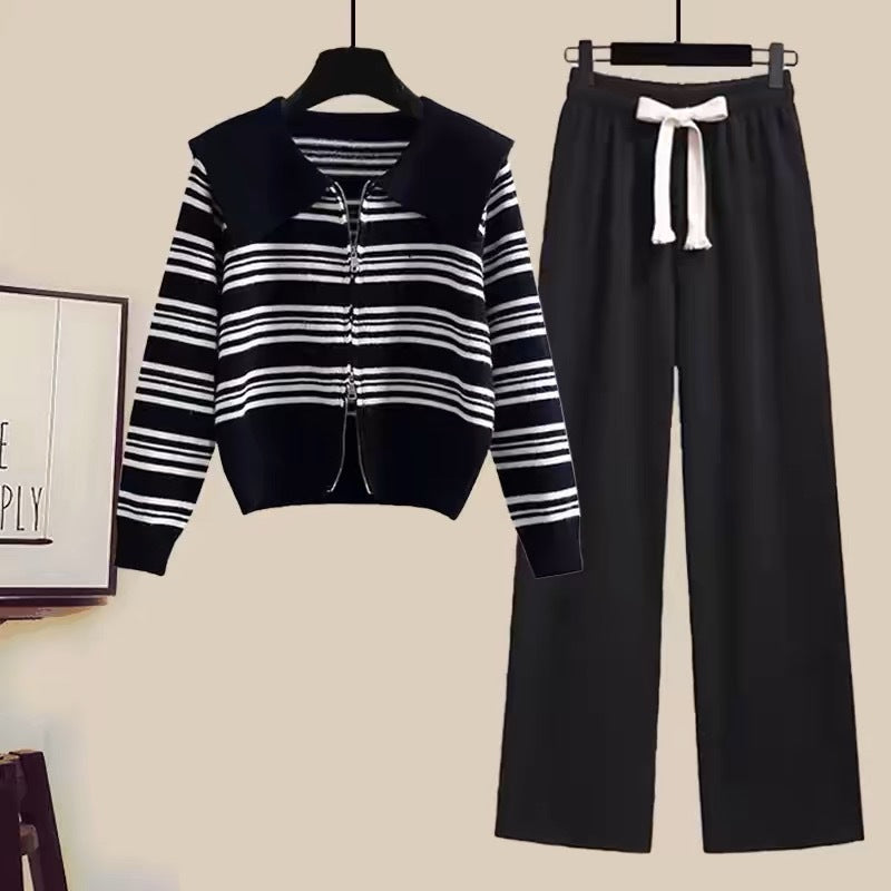 Damen Strickjacke mit Reißverschluss und weiten Hosen R&B