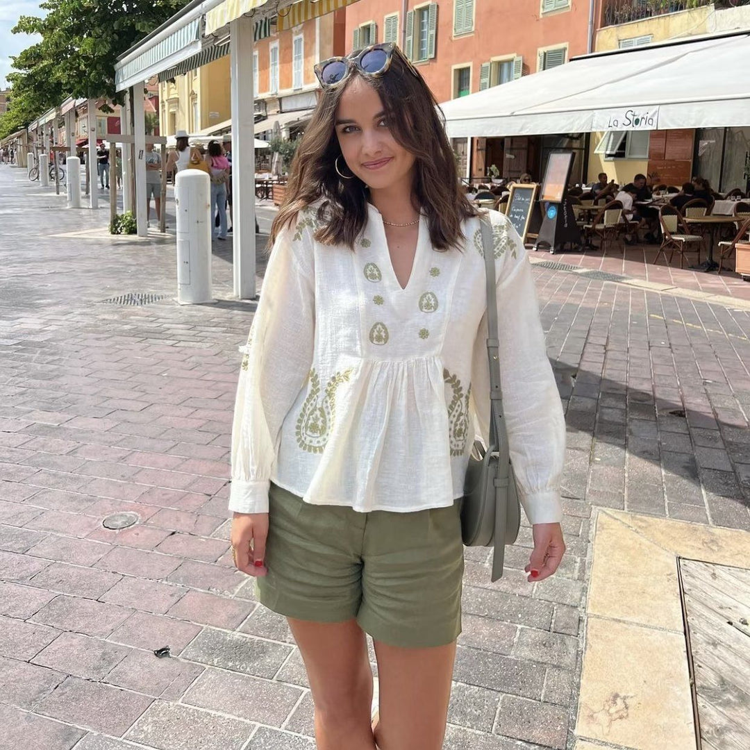 Damen bestickte Bluse mit Balloon-Ärmeln und V-Ausschnitt R&B