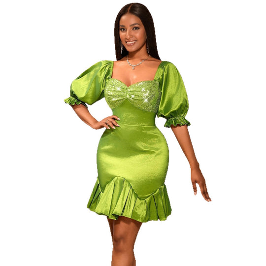 Damen Festliches Kleid mit glitzerndem Bustier und voluminösen Ärmeln R&B