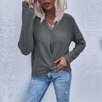 Damen lässiger V-Ausschnitt Pullover mit Knopfdetails und Knotendesign R&B