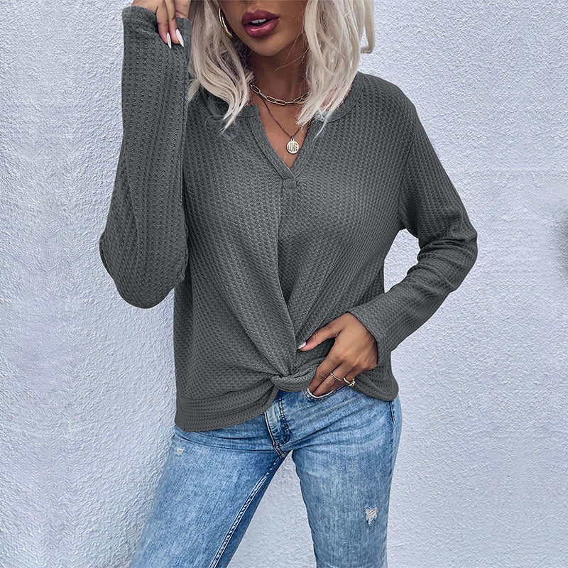 Damen lässiger V-Ausschnitt Pullover mit Knopfdetails und Knotendesign R&B