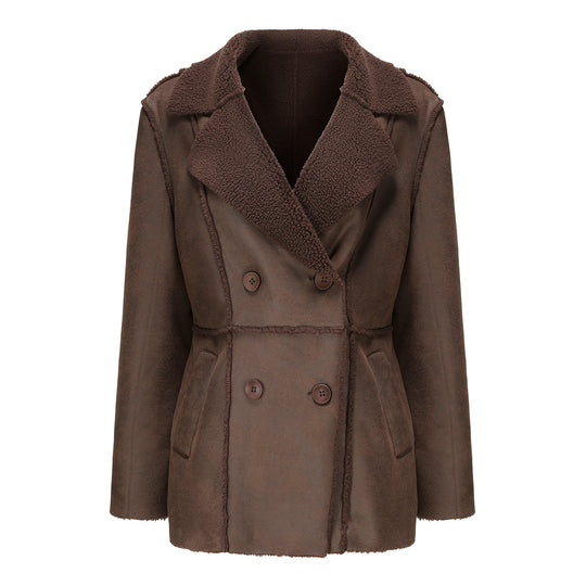 Damen modische Übergangsjacke mit kuscheligem Innenfutter und breitem Reverskragen R&B
