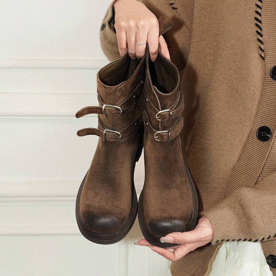 Damen modische Ankle Boots mit dekorativen Riemen und robustem Sohlenprofil R&B