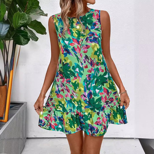Damen nan luftiges A-Linien-Minikleid mit Rundhalsausschnitt und Volant-Saum R&B