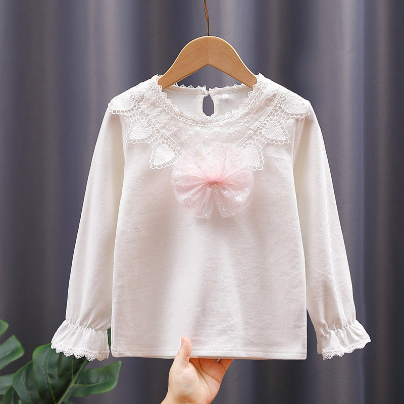 Mädchen Langarmshirt mit niedlicher Spitzenverzierung und Schleifendekor R&B