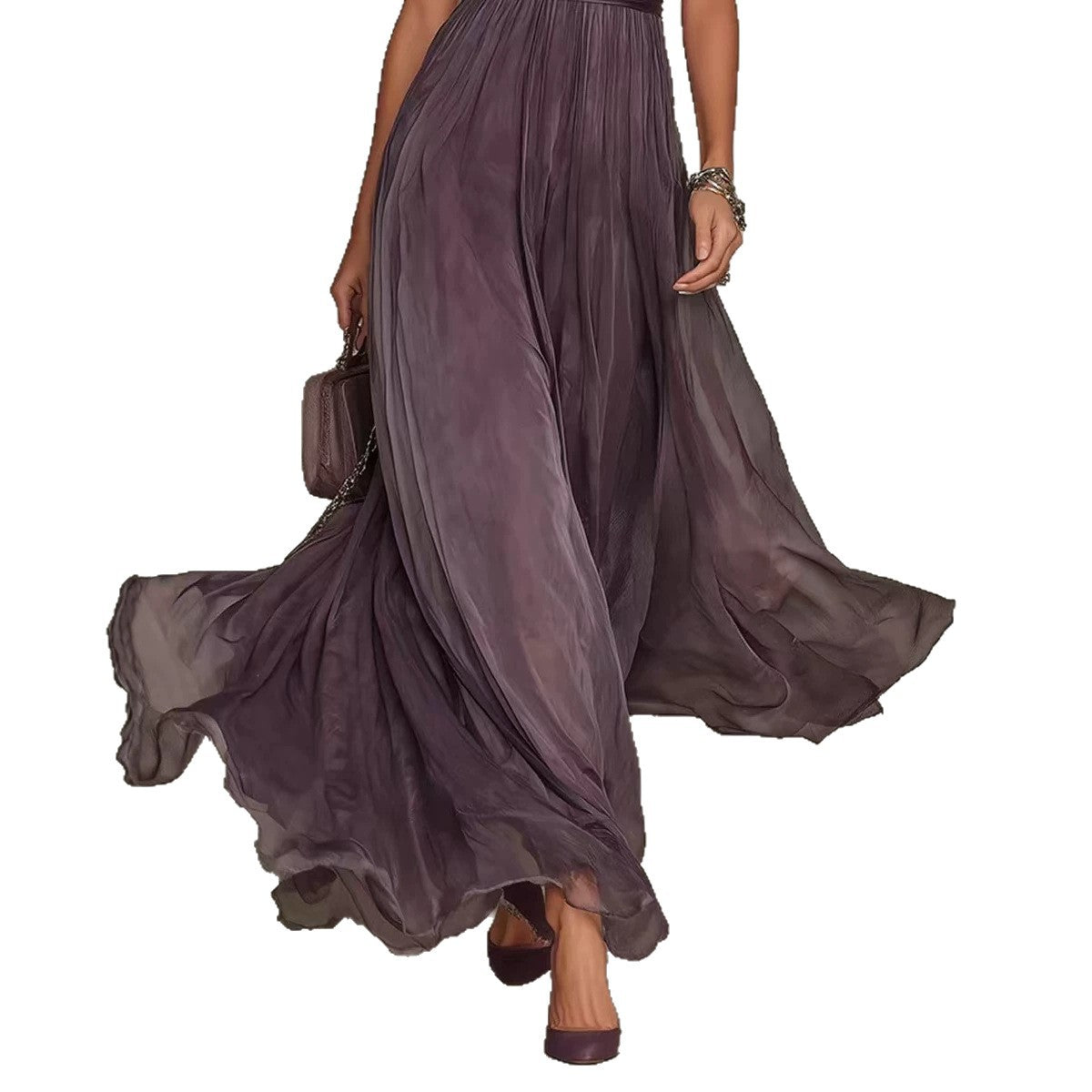Damen nan langes Chiffon-Abendkleid mit Spitzen‑Stehkragen, Schlüsselöffnung und taillierter Schärpe R&B