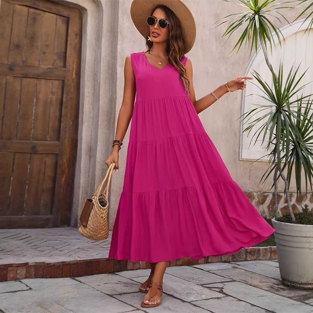 Damen Elegantes Sommer-Maxi-Kleid mit voluminösem Rock und V-Ausschnitt R&B