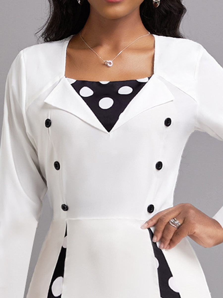 Damen Polka Dot Midi-Kleid mit eleganter Knopfleiste und Kontrastpanelen R&B